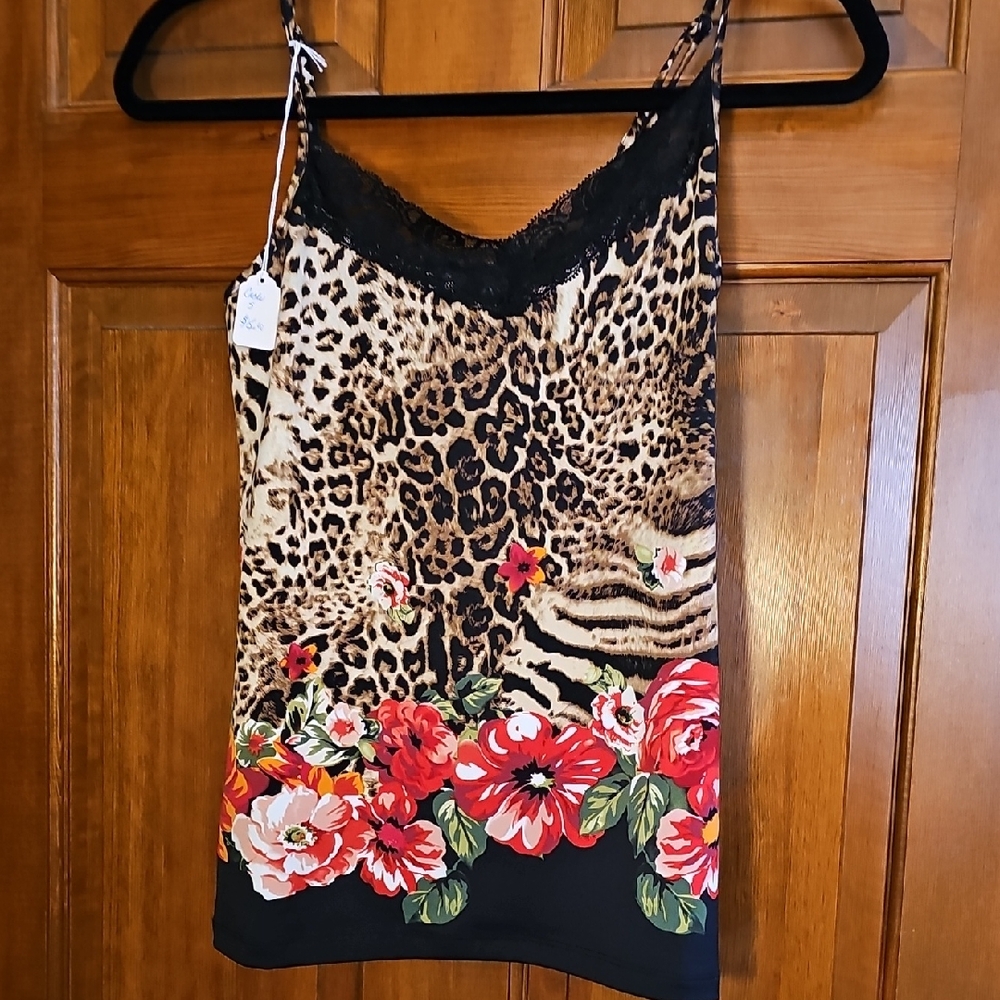 Cache Animal Print Camisole with Red Floral Accents